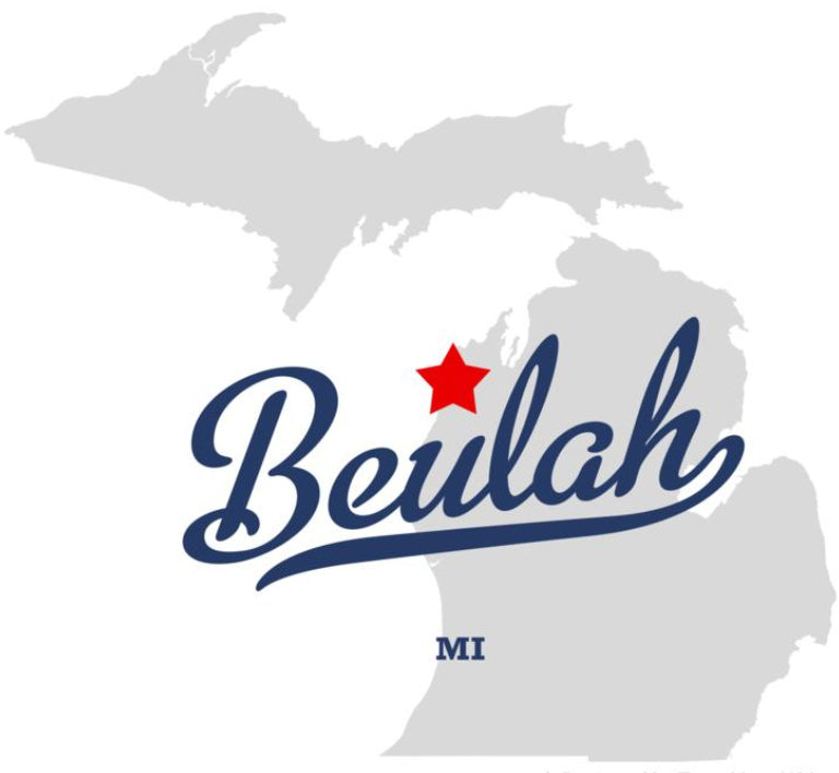 Map of Michigan with Beulah Michigan marked by a red star