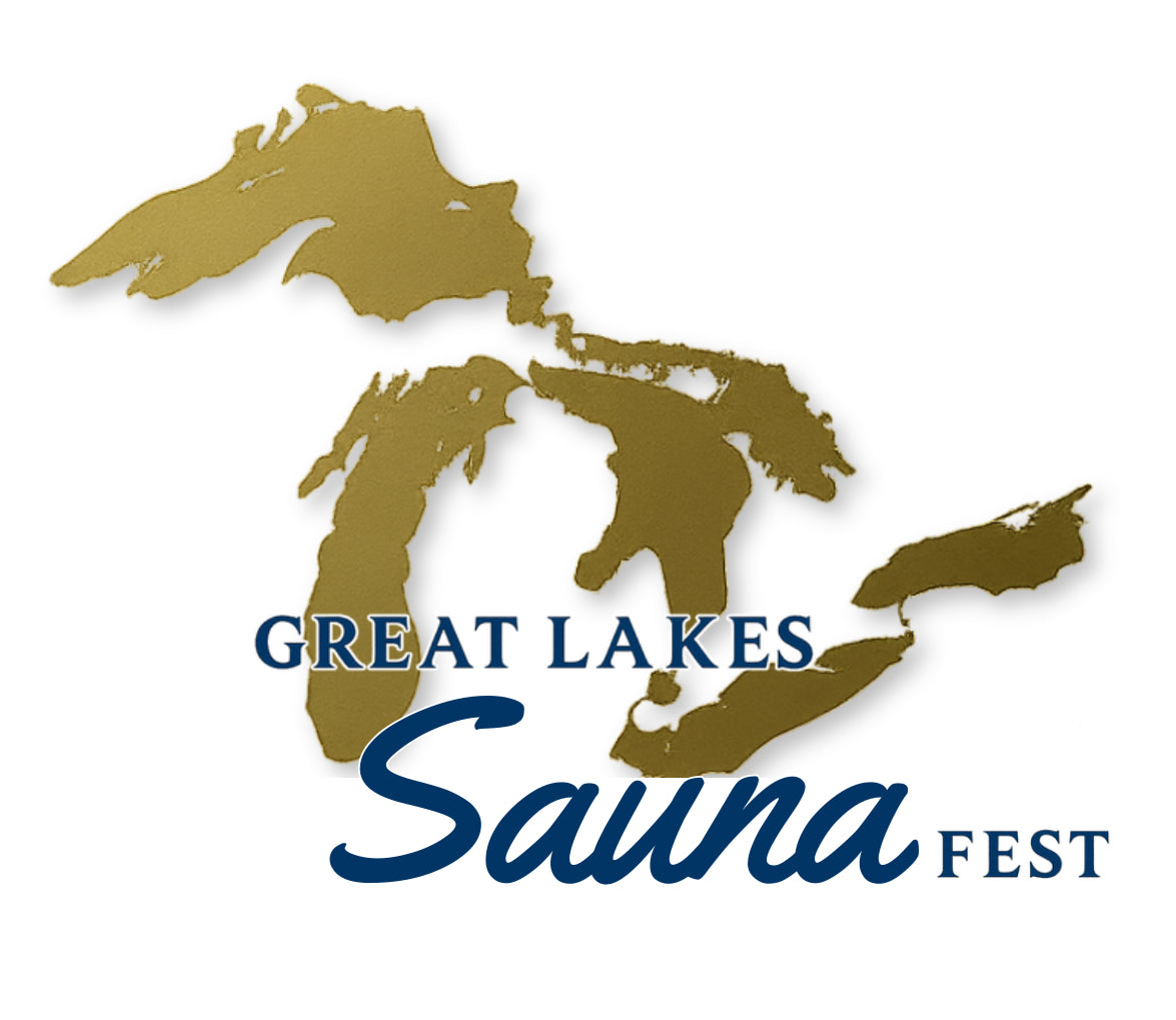 Great Lakes Sauna Fest event logo featuring a gold silhouette of the Great Lakes region with Great Lakes Sauna Fest in blue typed over top of it. 