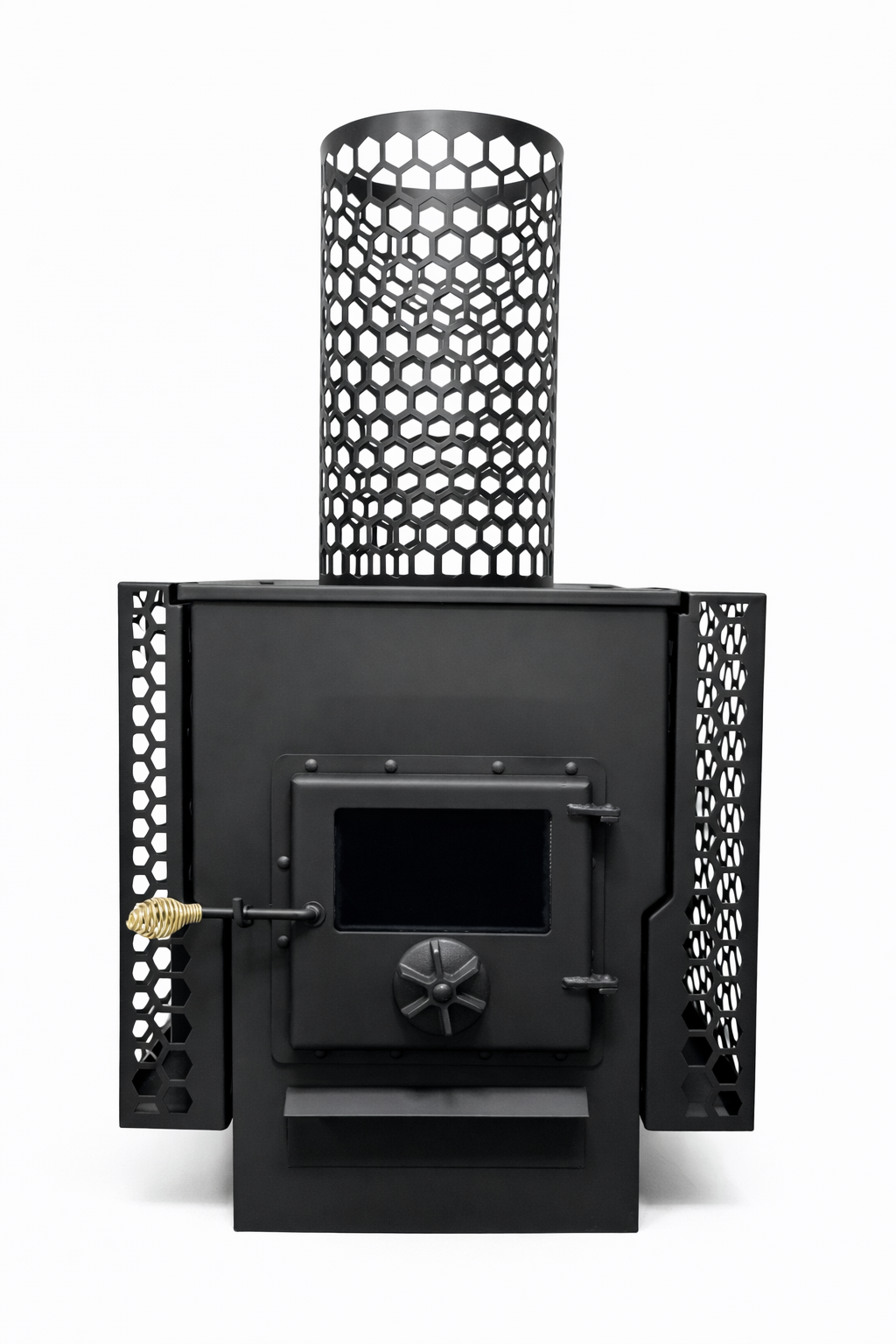 Nippa Legacy Series wood burning sauna stove in satin black with hexagonal stove pipe rock surround, stove body rock surround panels and glass firebox door