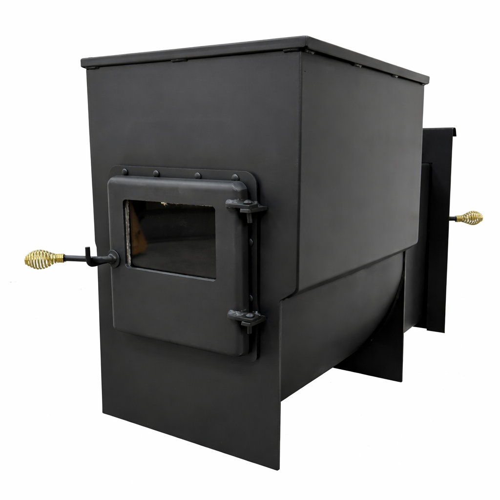Nippa Legacy Series wood burning sauna stove in satin black with thruwall extension and dual door glass firebox with brass coil spring handles