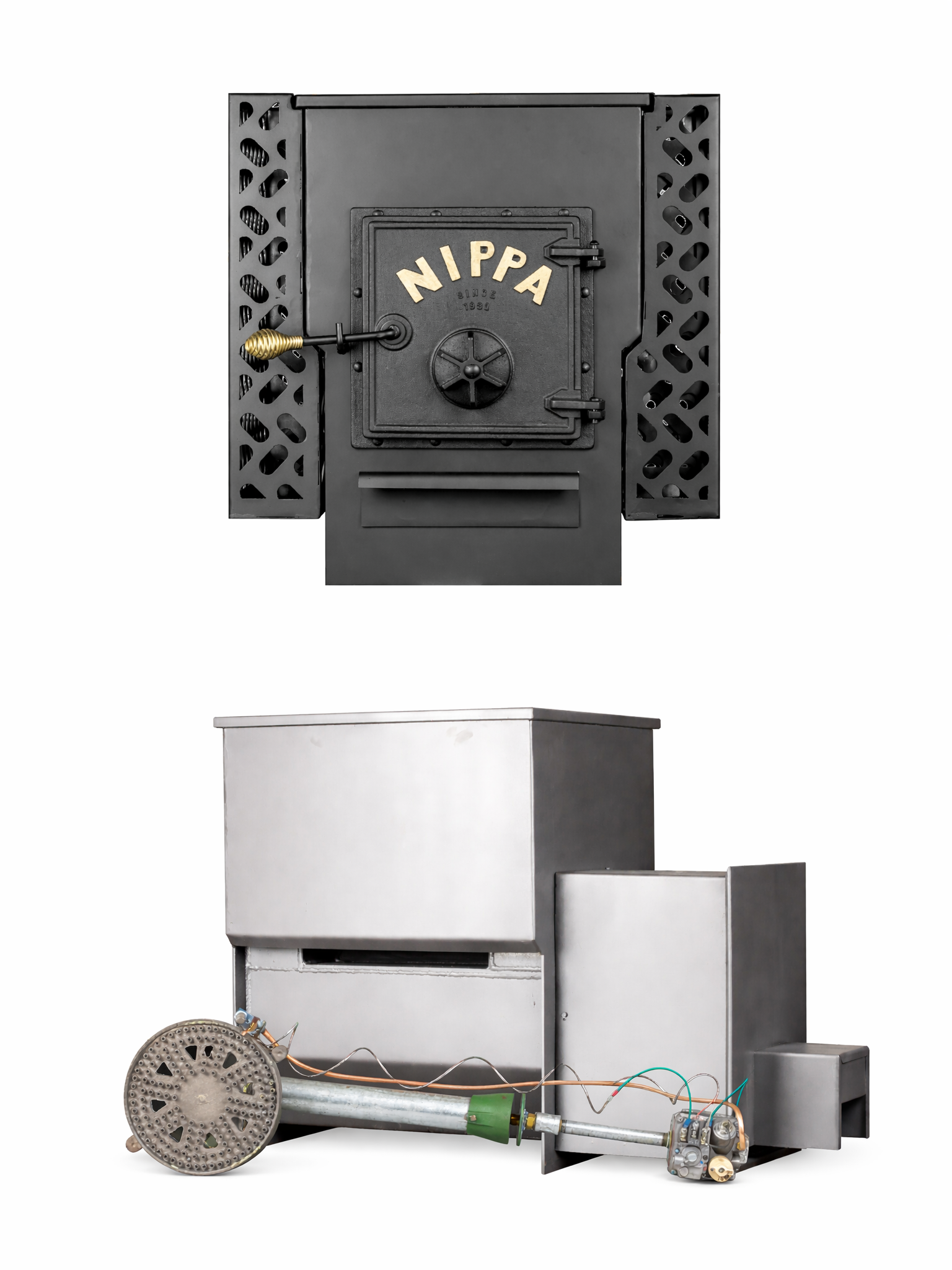 Nippa Legacy Series wood burning sauna stove with stove body rock surround panels alongside the Nippa G Series gas sauna stove with burner components