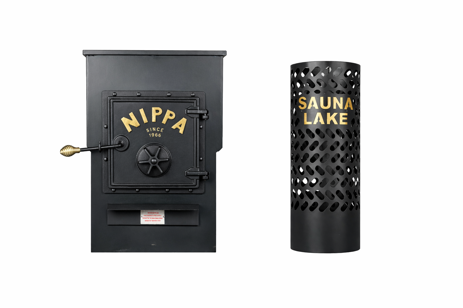 Nippa Legacy Series wood burning sauna stove in satin black with brass hardware alongside the new Sauna Lake stove pipe rock surround in satin black with gold lettering