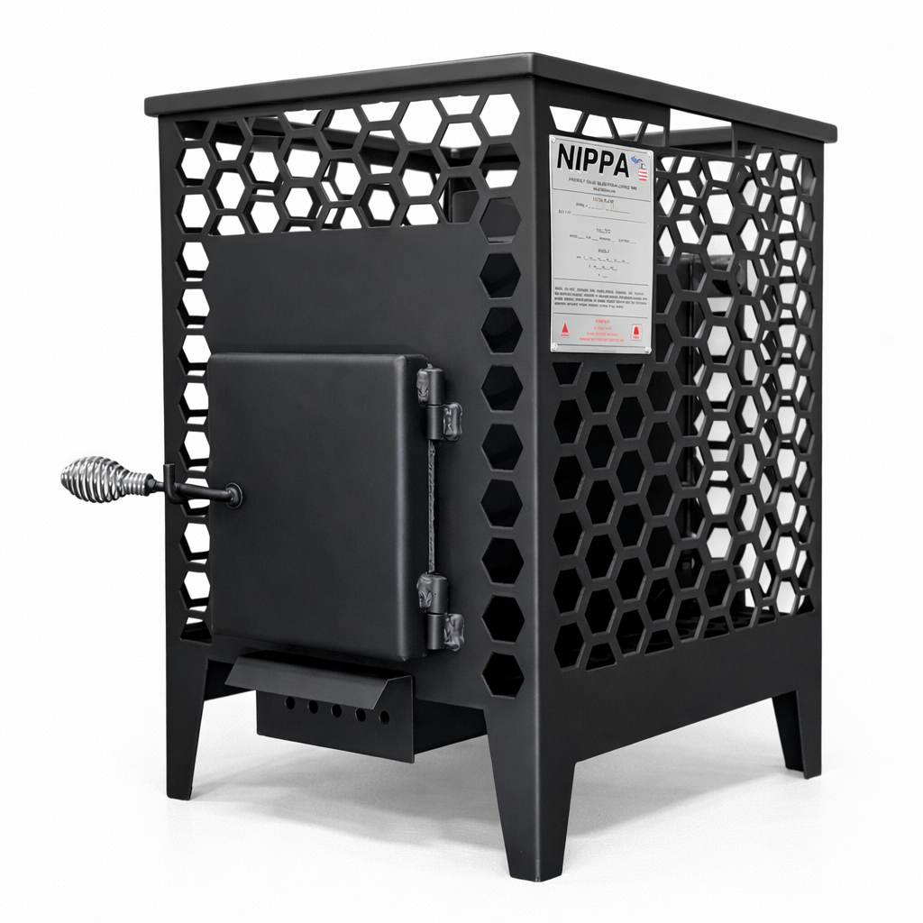 Nippa T Series wood burning tent sauna stove in satin black with hexagonal rock surround panels, coil spring door handle and four legs