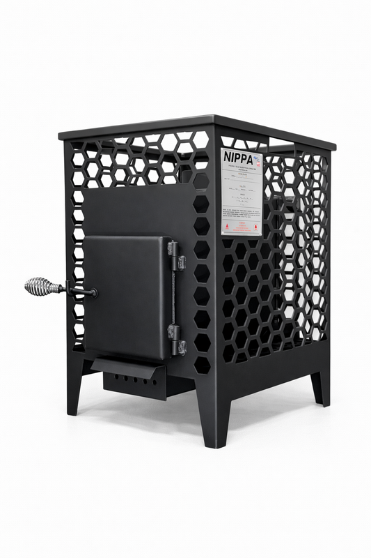 Angled view of Nippa T-Series portable tent sauna stove
